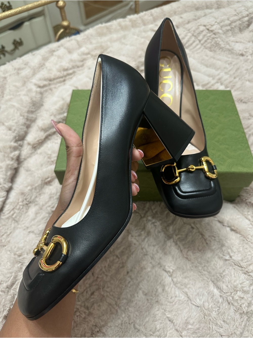 Gucci Black Leather Block Heel Pumps with Gold Horsebit